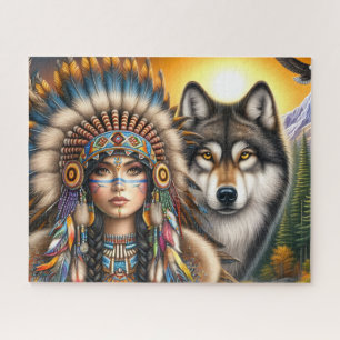 Inheemse Amerikaanse vrouw met wolf Legpuzzel