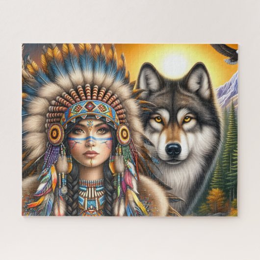 Inheemse Amerikaanse vrouw met wolf Legpuzzel (Horizontaal)