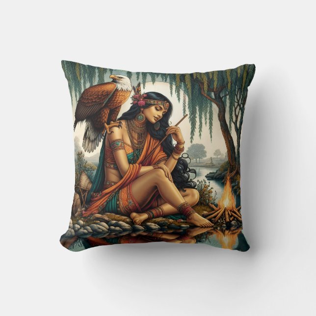 Inheemse Amerikaanse vrouw zit aan de rivier met a Kussen (Voorkant)