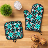 Inheemse Heilige Winden in Turkoois Ovenwant & Pannenlap Set (Top down)
