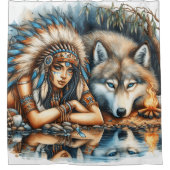 Inheemse Indiaan en haar wolf metgezel Douchegordijn (Voorkant)