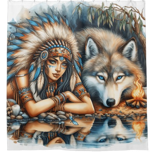 Inheemse Indiaan en haar wolf metgezel Douchegordijn (Voorkant)