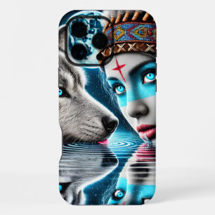 Inheemse Indiaanse krijger en wolfreflecties iPhone 16 Pro Max Hoesje