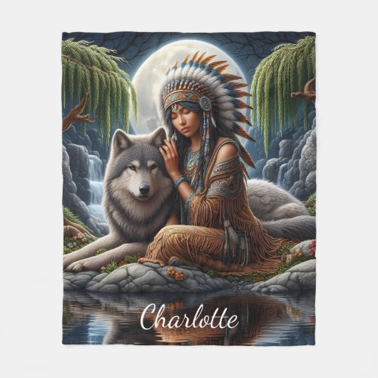 Inheemse Indianen en wolven delen maanlicht Fleece Deken (Voorkant)