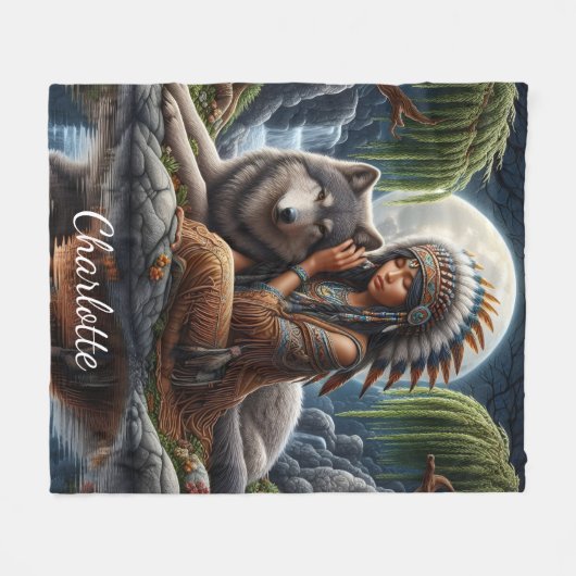 Inheemse Indianen en wolven delen maanlicht Fleece Deken (Voorkant (Horizontaal))