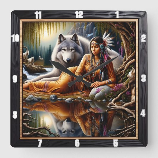 Inheemse Indiase geest Tijd: Glans van het kampvuu Vierkante Klok (Voorkant)