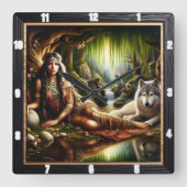 Inheemse Indiase geest Tijd: Glans van het kampvuu Vierkante Klok (Voorkant)