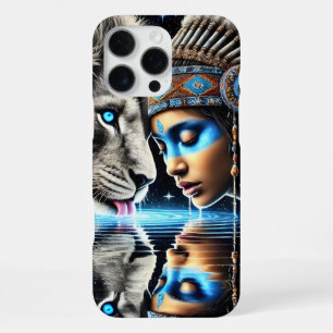 Inheemse krijger en leeuw maanverlichte reflectie iPhone 16 pro max hoesje