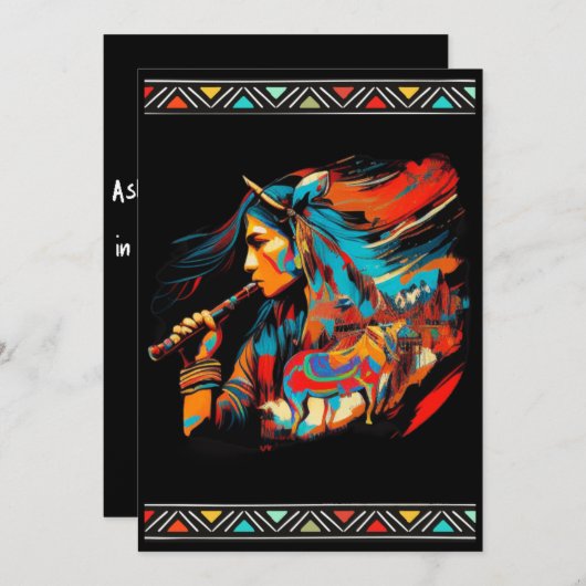 inheemse meisje dat fluit speelt Paarden Uitnodigi Kaart (Voorkant / Achterkant)