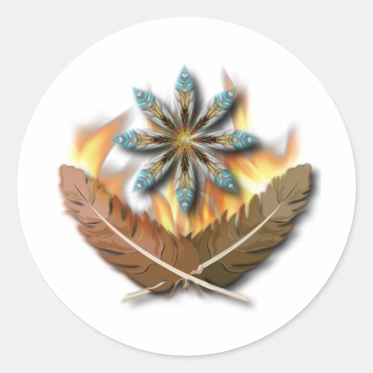 inheemse rode hawk veren en vlammen digitaal ronde sticker (Voorkant)