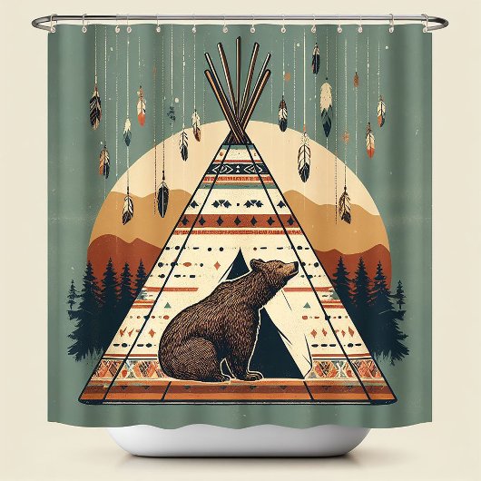 inheemse teepee Beer Tribal Plains Indiase Douchegordijn
