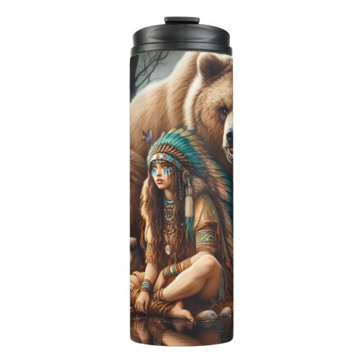 Inheemse vrouw, Beer, Vuur: Personaliseren Thermosbeker (Voorkant)