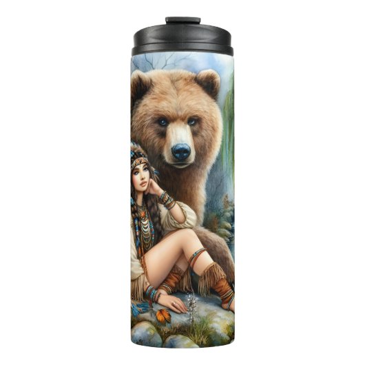 Inheemse vrouw, Beer, vuur: rustige stroom Thermosbeker (Voorkant)