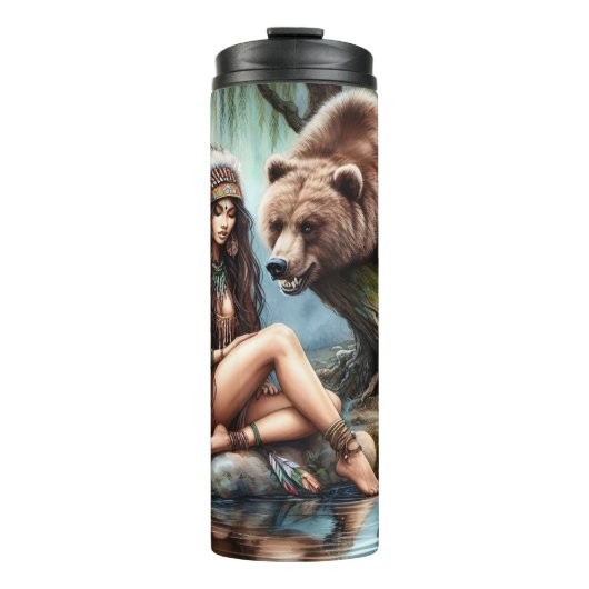 Inheemse vrouw, Beer, Vuur: Waterside Tranquilit Thermosbeker (Voorkant)