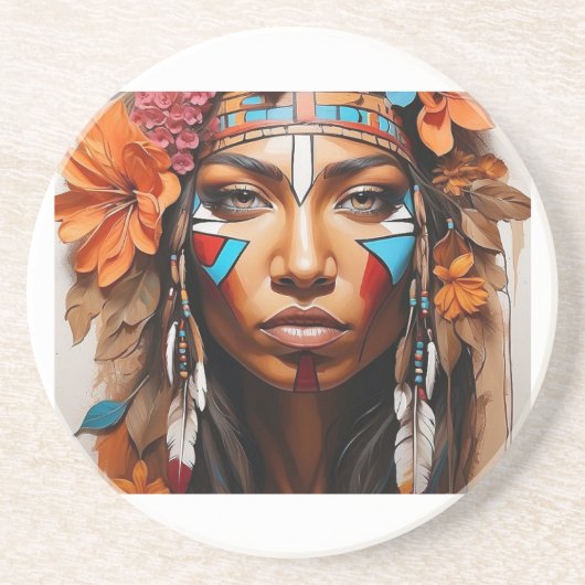 Inheemse vrouw bloemen en veren zandsteen onderzetter (Voorkant)