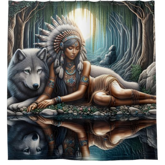 Inheemse vrouw deelt een moment met wolf douchegordijn (Voorkant)