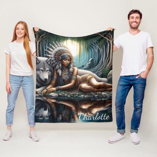 Inheemse vrouw deelt een moment met wolf fleece deken (In situ)