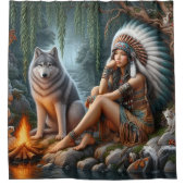 Inheemse vrouw en wolf bij de stroom douchegordijn (Voorkant)