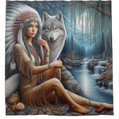 Inheemse vrouw en wolf bij de stroom douchegordijn (Voorkant)