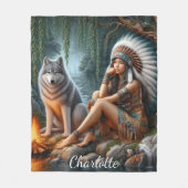 Inheemse vrouw en wolf bij de stroom fleece deken (Voorkant)