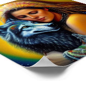 Inheemse vrouw en wolf poster (Hoek)