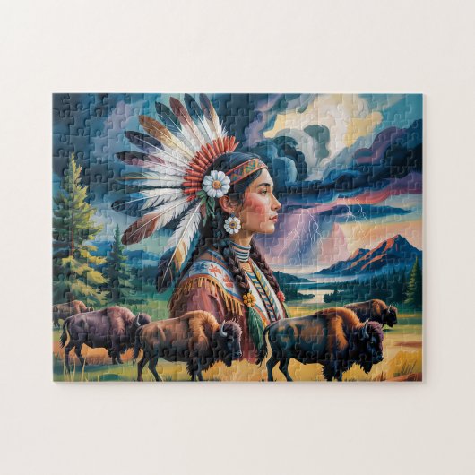 Inheemse vrouw met bizon legpuzzel (Horizontaal)