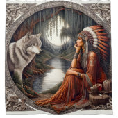 Inheemse vrouw met een wolf bij de rivier douchegordijn (Voorkant)