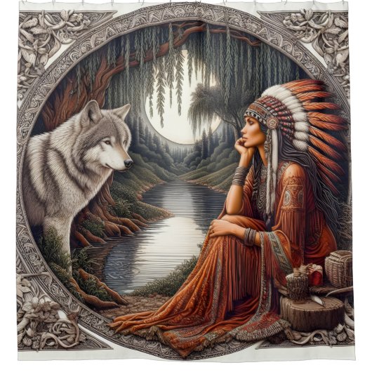 Inheemse vrouw met een wolf bij de rivier douchegordijn (Voorkant)