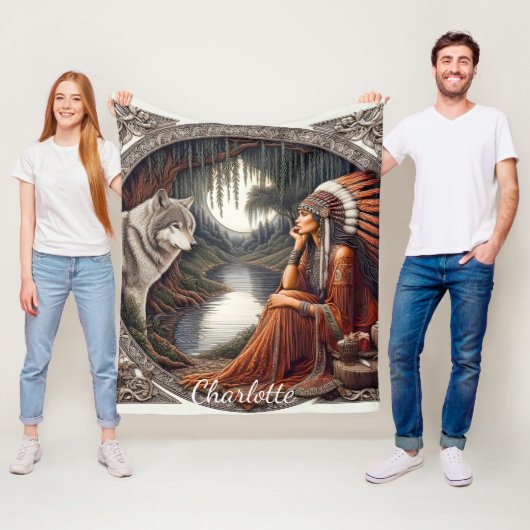 Inheemse vrouw met een wolf bij de rivier fleece deken (In situ)