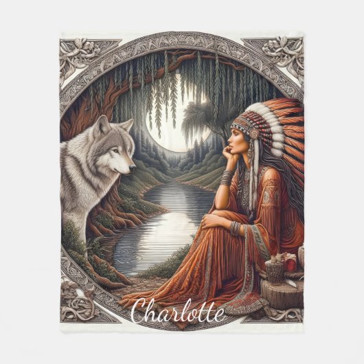 Inheemse vrouw met een wolf bij de rivier fleece deken (Voorkant)