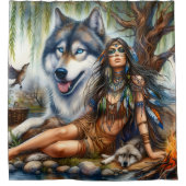 Inheemse vrouw met haar wolf metgezellen douchegordijn (Voorkant)