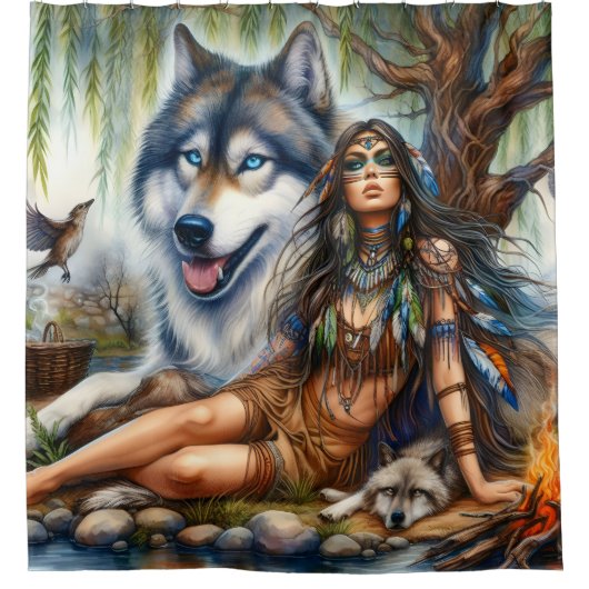 Inheemse vrouw met haar wolf metgezellen douchegordijn (Voorkant)