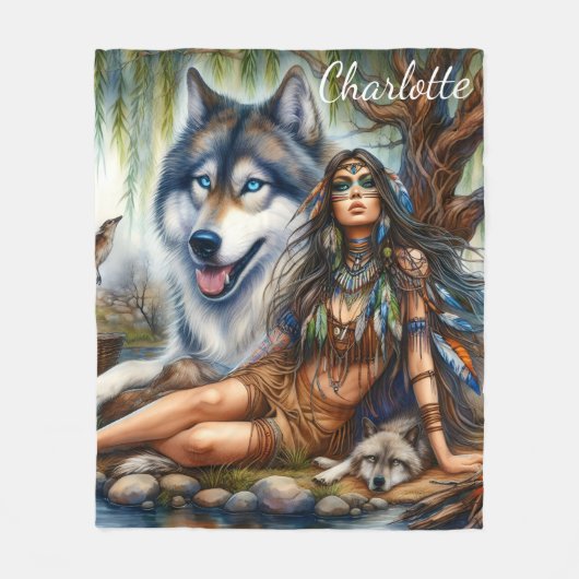 Inheemse vrouw met haar wolf metgezellen fleece deken (Voorkant)