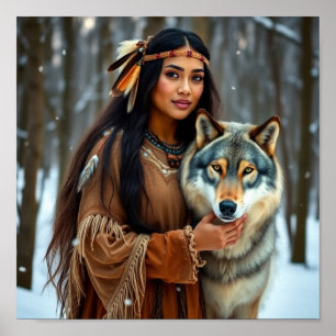 Inheemse vrouw met haar wolf poster