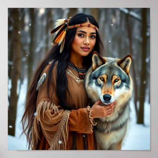 Inheemse vrouw met haar wolf poster (Voorkant)
