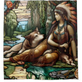 Inheemse vrouw met trouwe wolf metgezel douchegordijn (Voorkant)