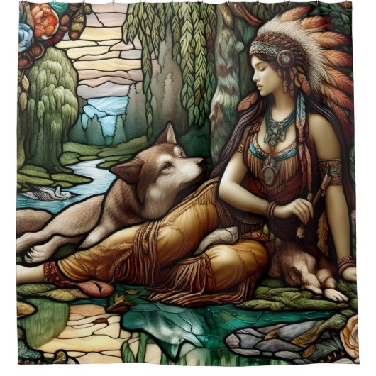 Inheemse vrouw met trouwe wolf metgezel douchegordijn (Voorkant)