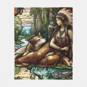 Inheemse vrouw met trouwe wolf metgezel fleece deken (Voorkant)