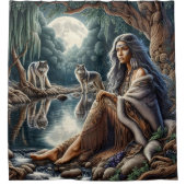 Inheemse vrouw reflecteert met twee wolven douchegordijn (Voorkant)