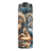 Inheemse Waterverf Spirit: Vrouw, Wolf, Vuur. Thermosbeker (Voorkant)