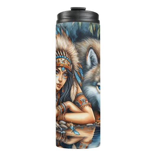 Inheemse Waterverf Spirit: Vrouw, Wolf, Vuur. Thermosbeker (Voorkant)