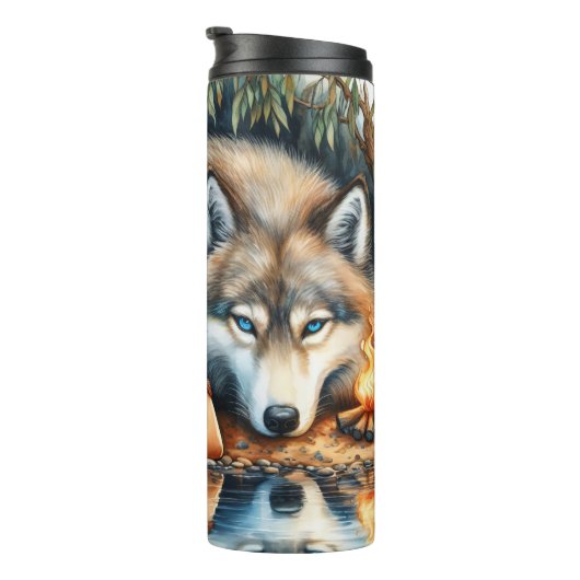 Inheemse Waterverf Spirit: Vrouw, Wolf, Vuur. Thermosbeker (Geroteerd rechts)