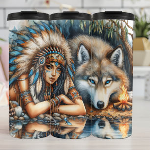 Inheemse Waterverf Spirit: Vrouw, Wolf, Vuur. Thermosbeker