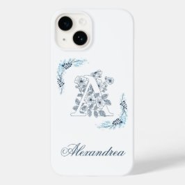 Initiaal "A" Blauw Monogram Kalme Bloemen Case-Mate iPhone 14 Hoesje