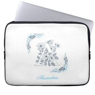 Initiaal "A" Blauw Monogram Kalme Bloemen Laptop Sleeve