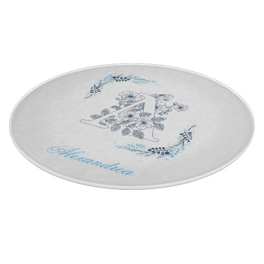 Initiaal "A" Blauw Monogram Kalme Bloemen Snijplank (Hoek)
