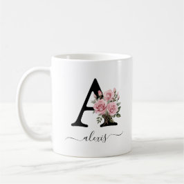 Initiaal A Pink Roses Bloemen Monogram Naam Koffiemok