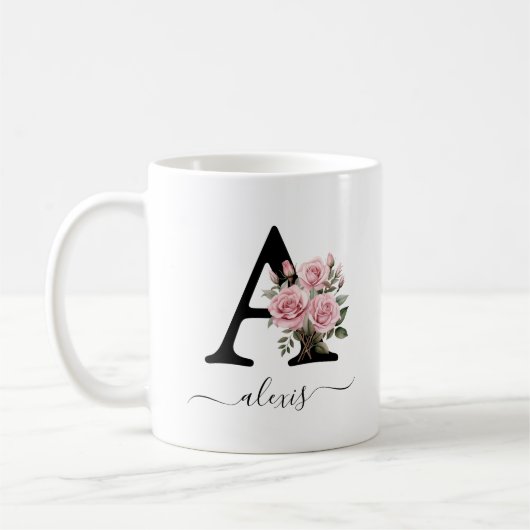 Initiaal A Pink Roses Bloemen Monogram Naam Koffiemok (Links)