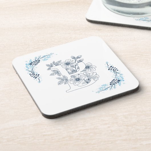 Initiaal "B" Blauw Monogram Kalm Bloemen Bier Onderzetter (Linkerzijde)