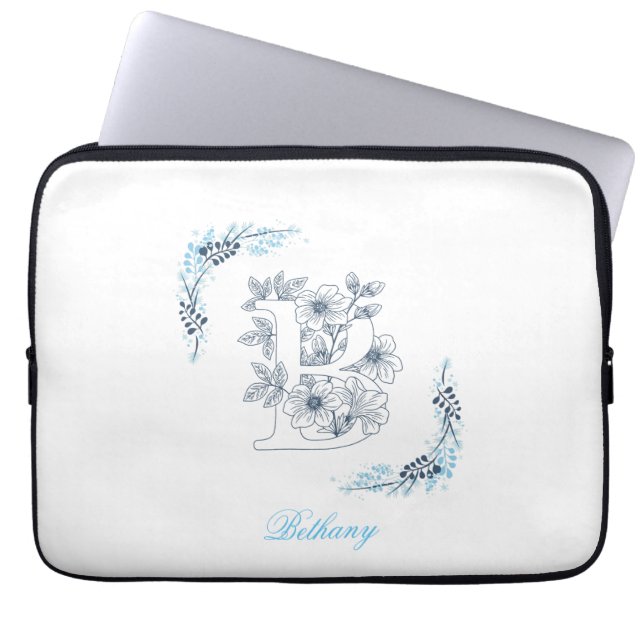 Initiaal "B" Blauw Monogram Kalm Bloemen Laptop Sleeve (Voorkant)